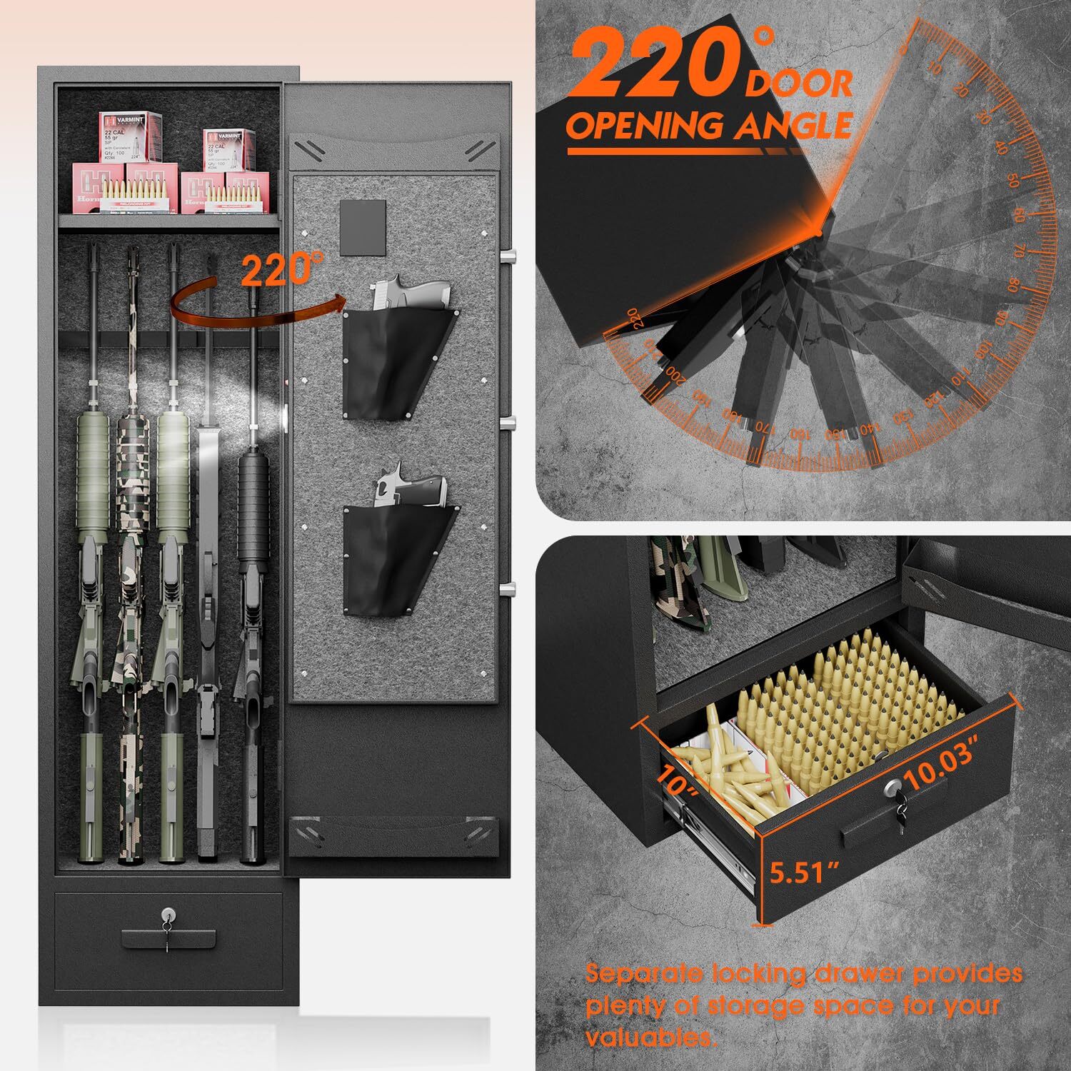 4-5 Gun Rifle Safe for Home Rifle and Pistols, Biometric Gun Safe with Drawer