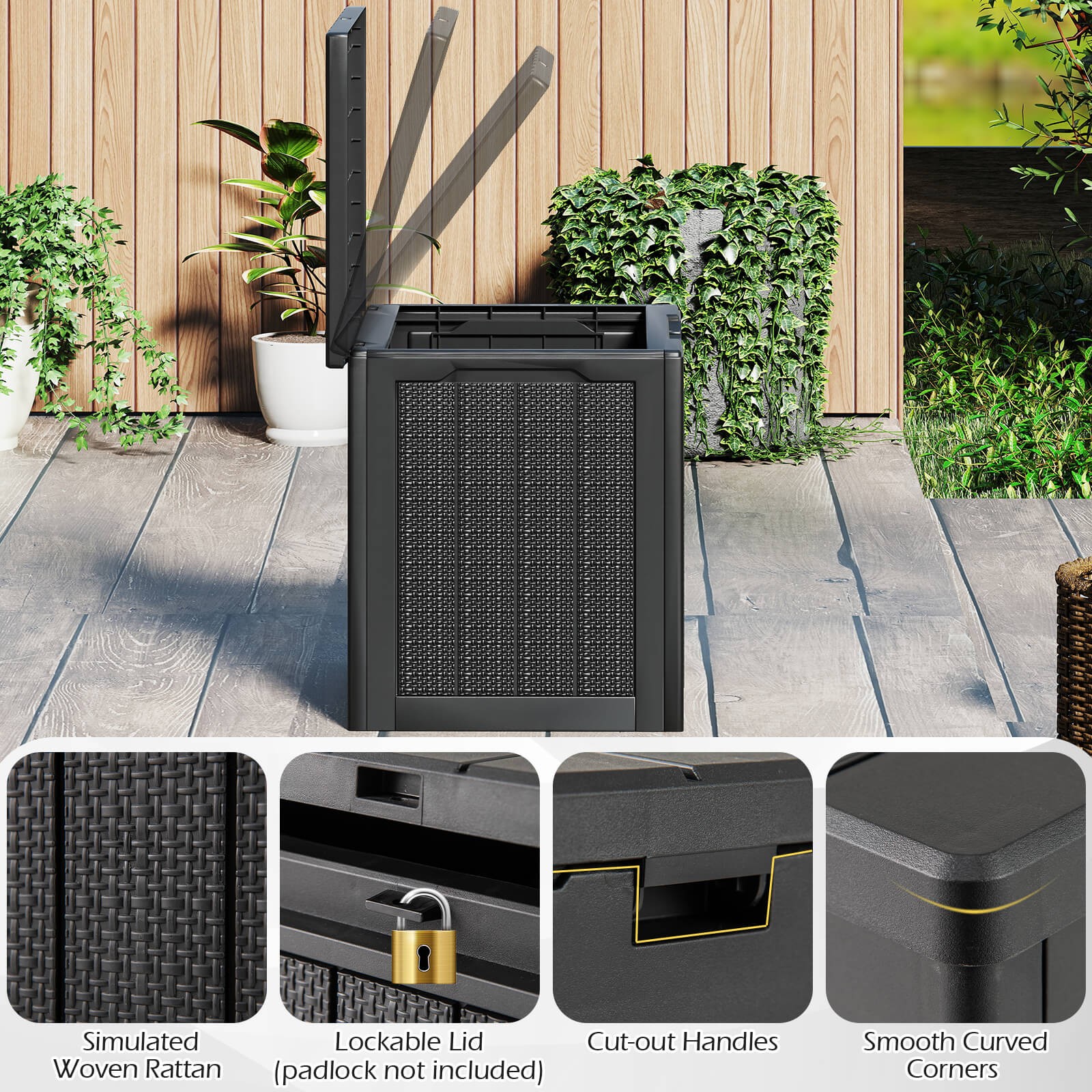 Outdoor Storage Box w/Lockable Lid & Wicker-woven Texture for Pool Accessories