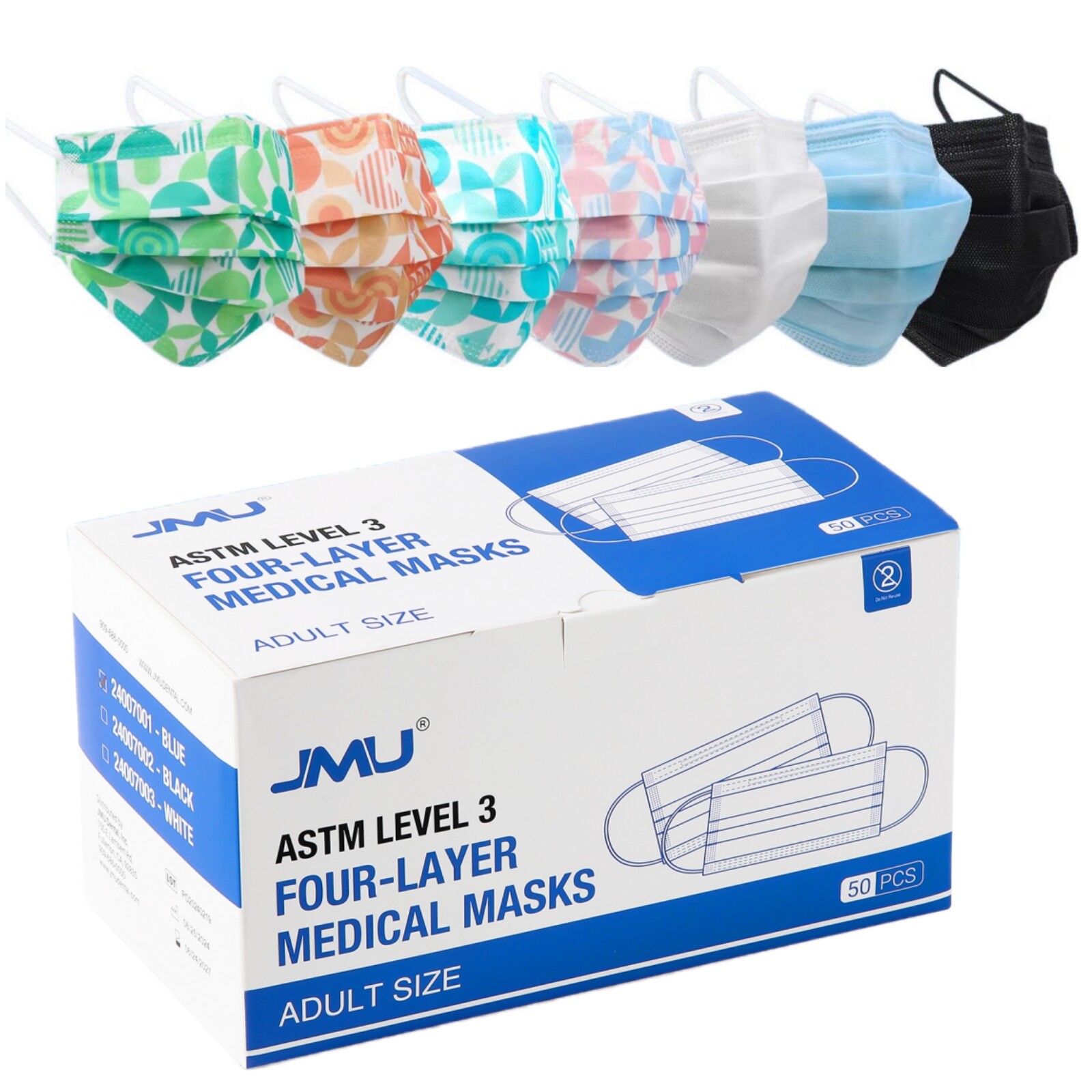 JMU Disposable Medical Face Masks, 4-Ply ASTM Level 3 Ear-Loop Face Masks 50pcs