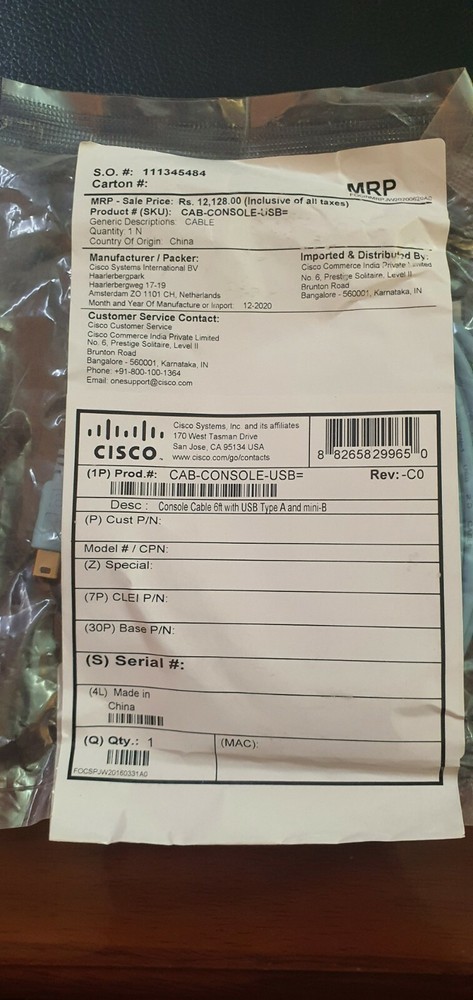 Original Cisco CAB-CONSOLE-USB=  Console Cable 37-1090-01 6 Ft USB Type A mini B