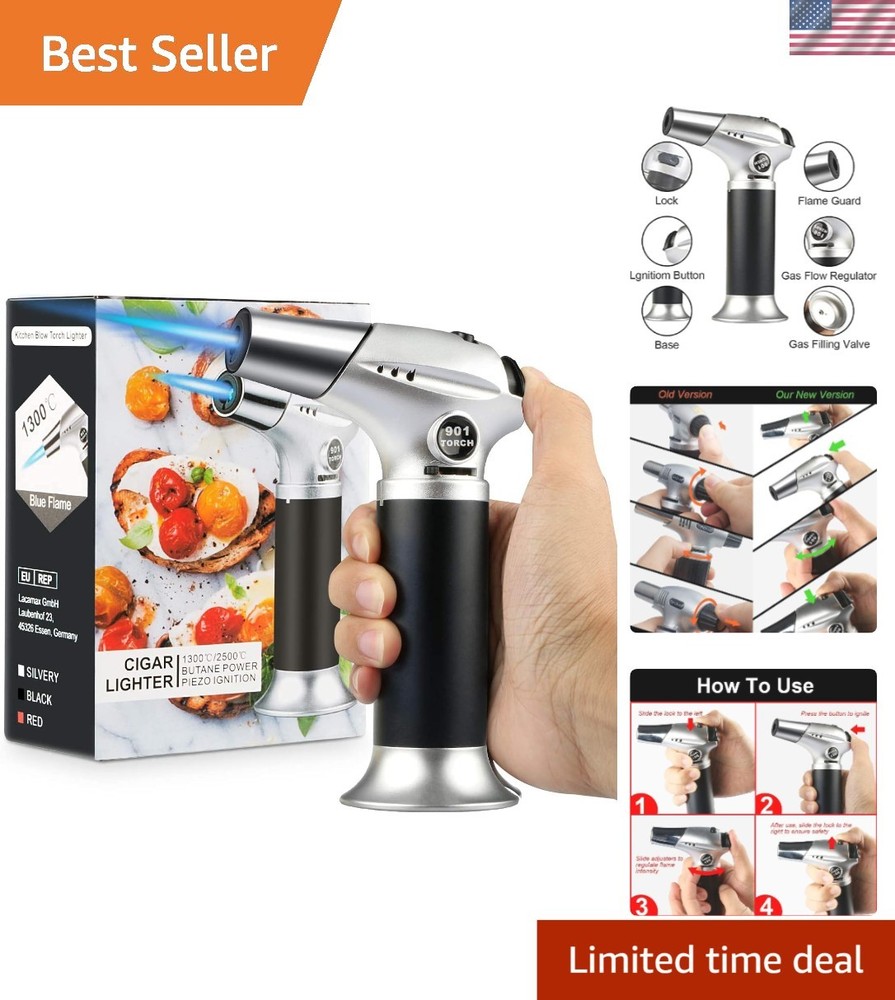 Ergonomic Black & Silver Kitchen Torch - Adjustable Flame for Chefs & Home Cooks