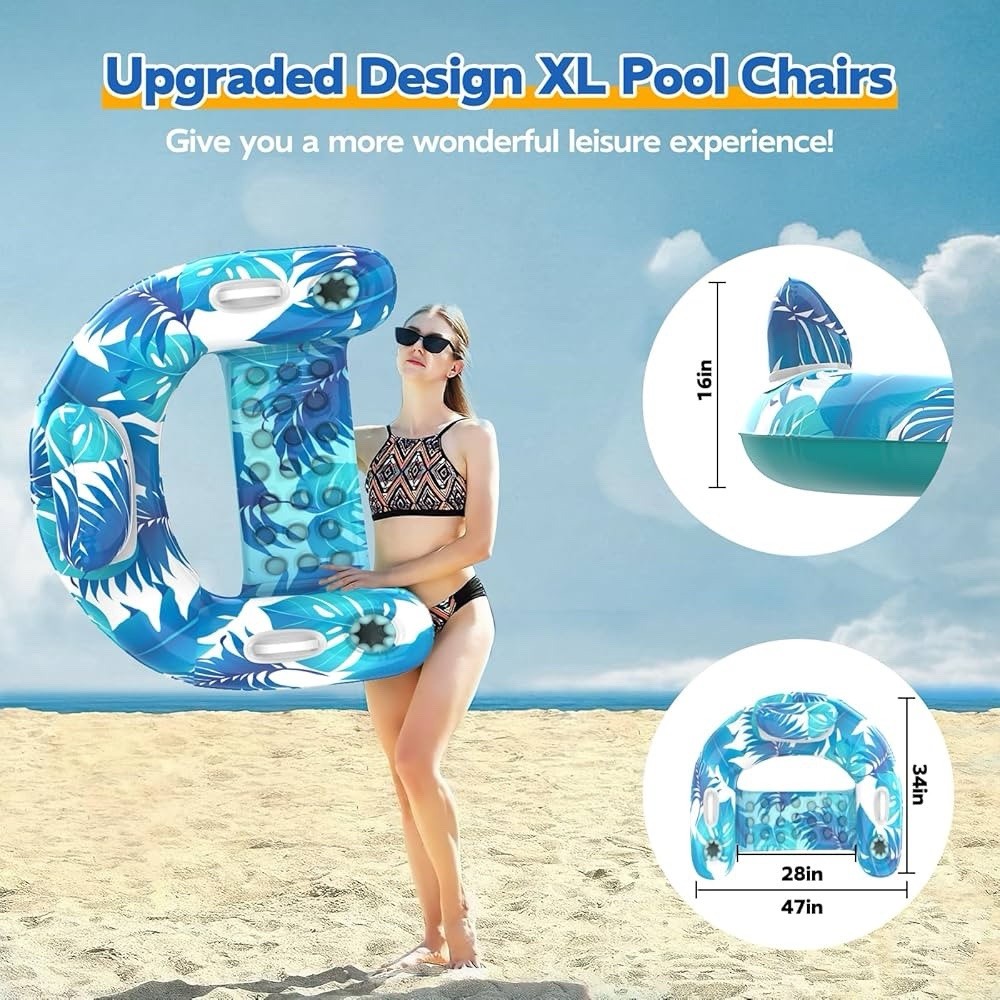 3 Pack Inflatable Pool Float Chairs with Cup Holders & Handles, Mixed Colors