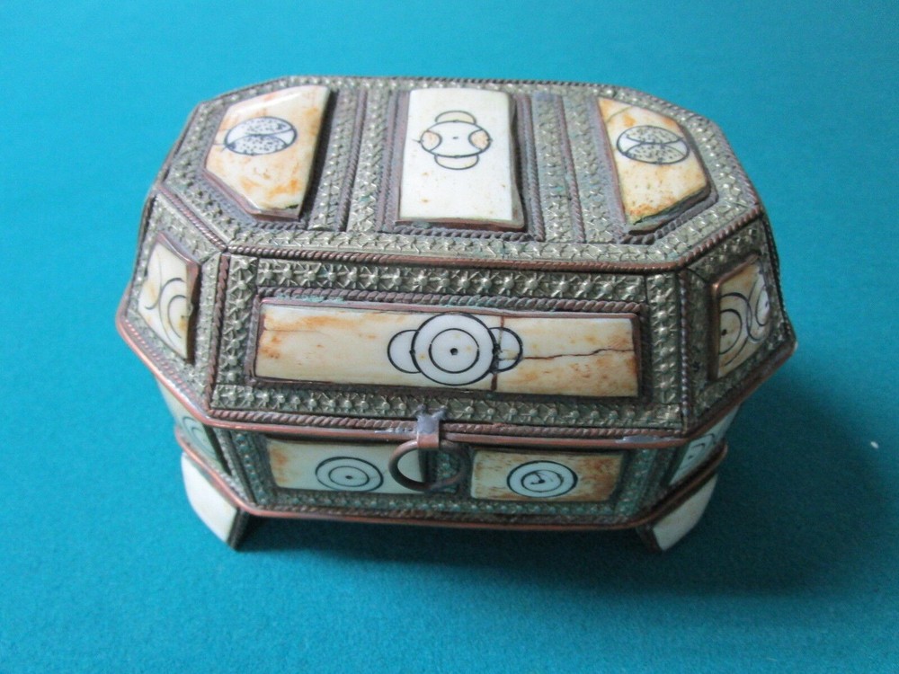 Middle Eastern antique camel bone brass handmade footed box leather original
