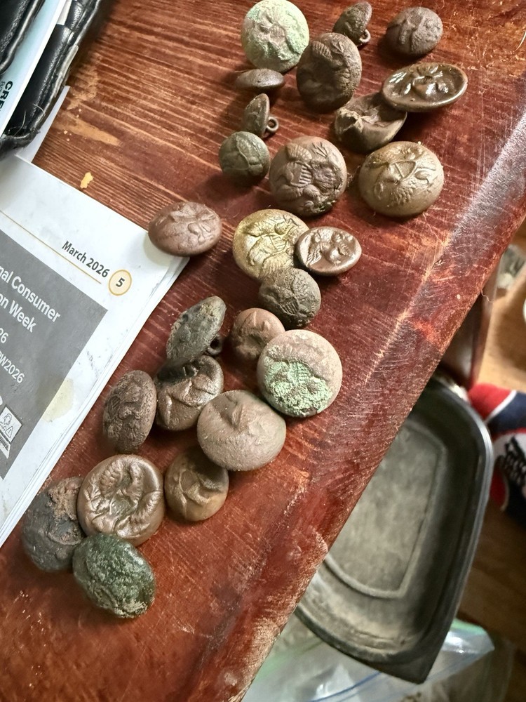Lot Flat Buttons Eagle Buttons Bullets Marbles Bottle Brass Etc