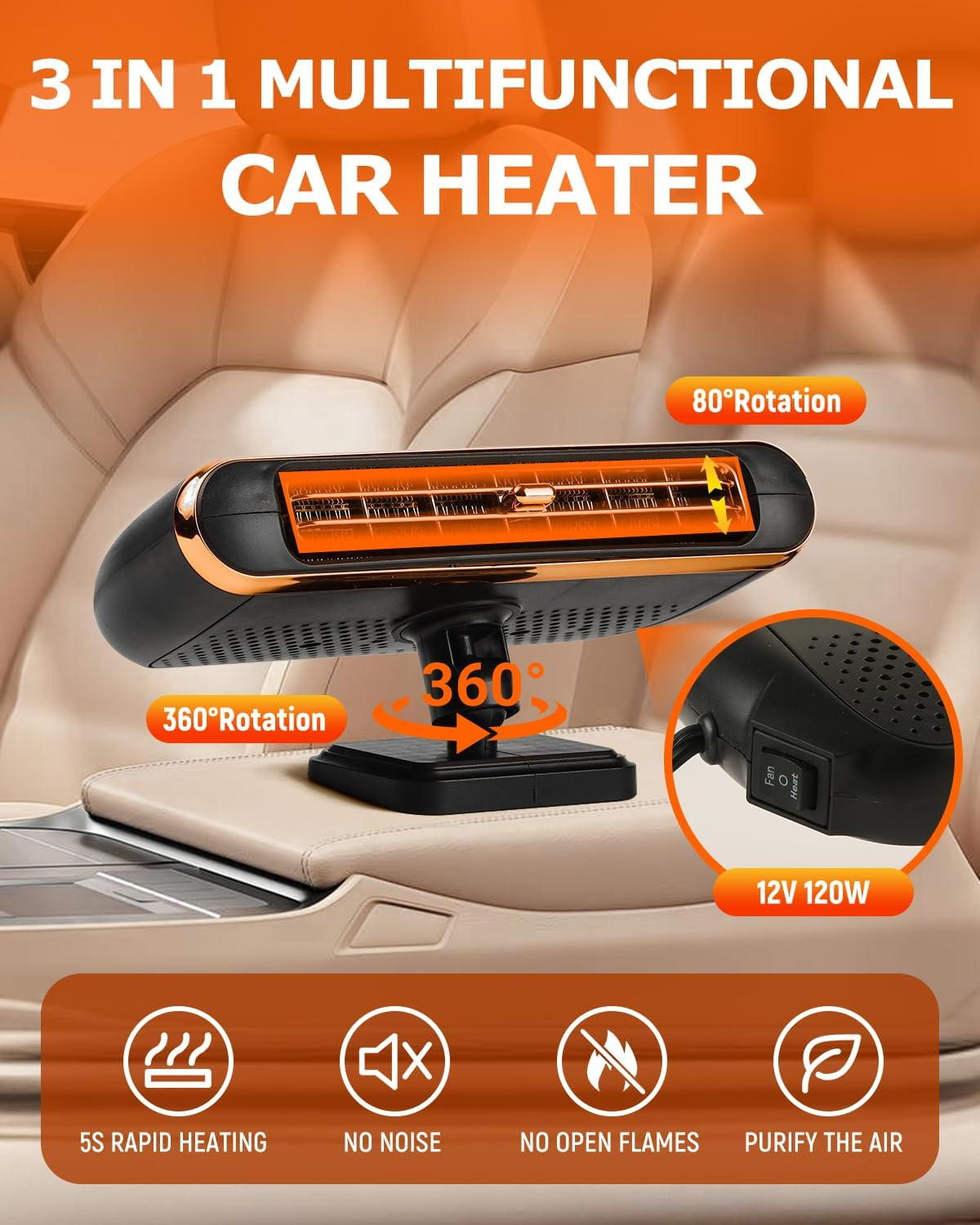 Car Heaters for Vehicle, 12V Portable Heater for Car, 3-In-1 Plug in Car Heater,