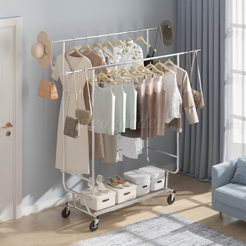 Mobile Coat Rack, Retractable Adjustable, Heavy Duty Chrome with Bottom Shelf