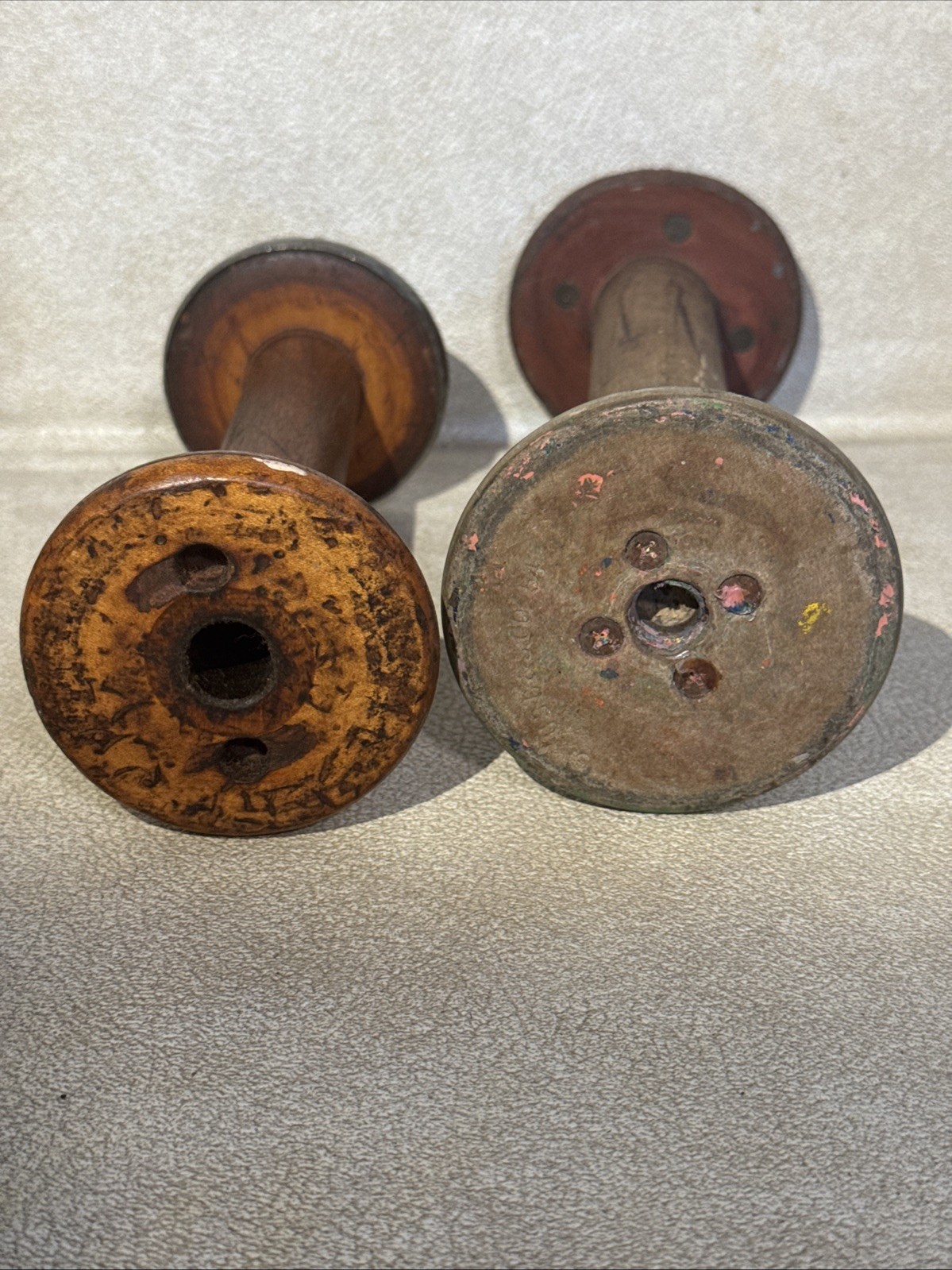 Vintage Wooden Textile Spools Bobbins Lot 2 Rustic Farmhouse 7” & 9"