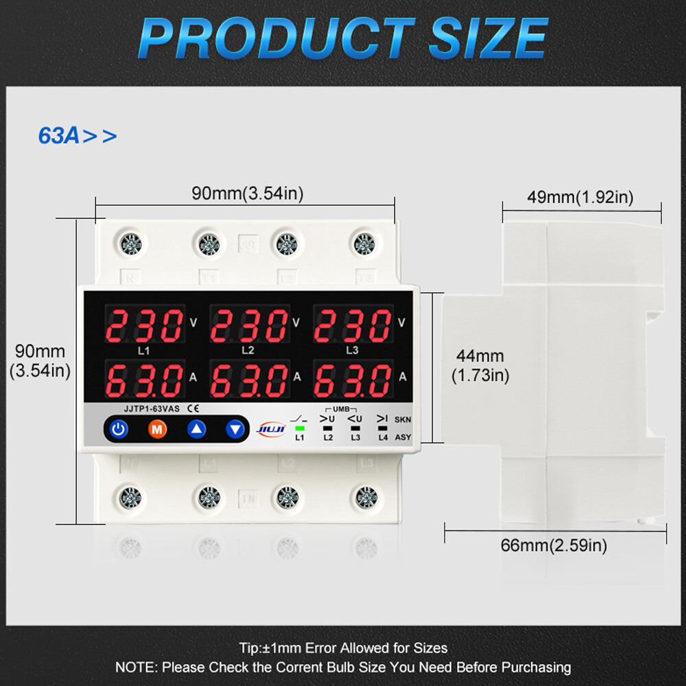 63A 3Phase Voltage&Current Protector w/ Automatic Off &Reset Function P8L2
