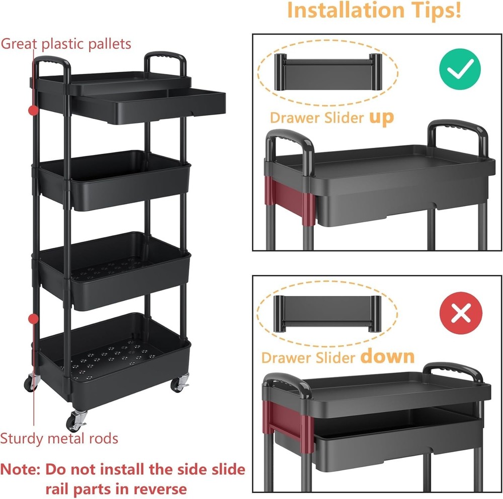 Adjustable 4-Tier Rolling Cart - Effortless Storage Solution with Chic Design
