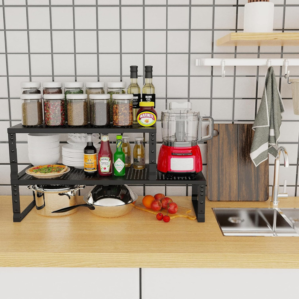 Expandable Stackable Kitchen Organizer, Spice Rack, Metal Storage Shelves (1 Pac