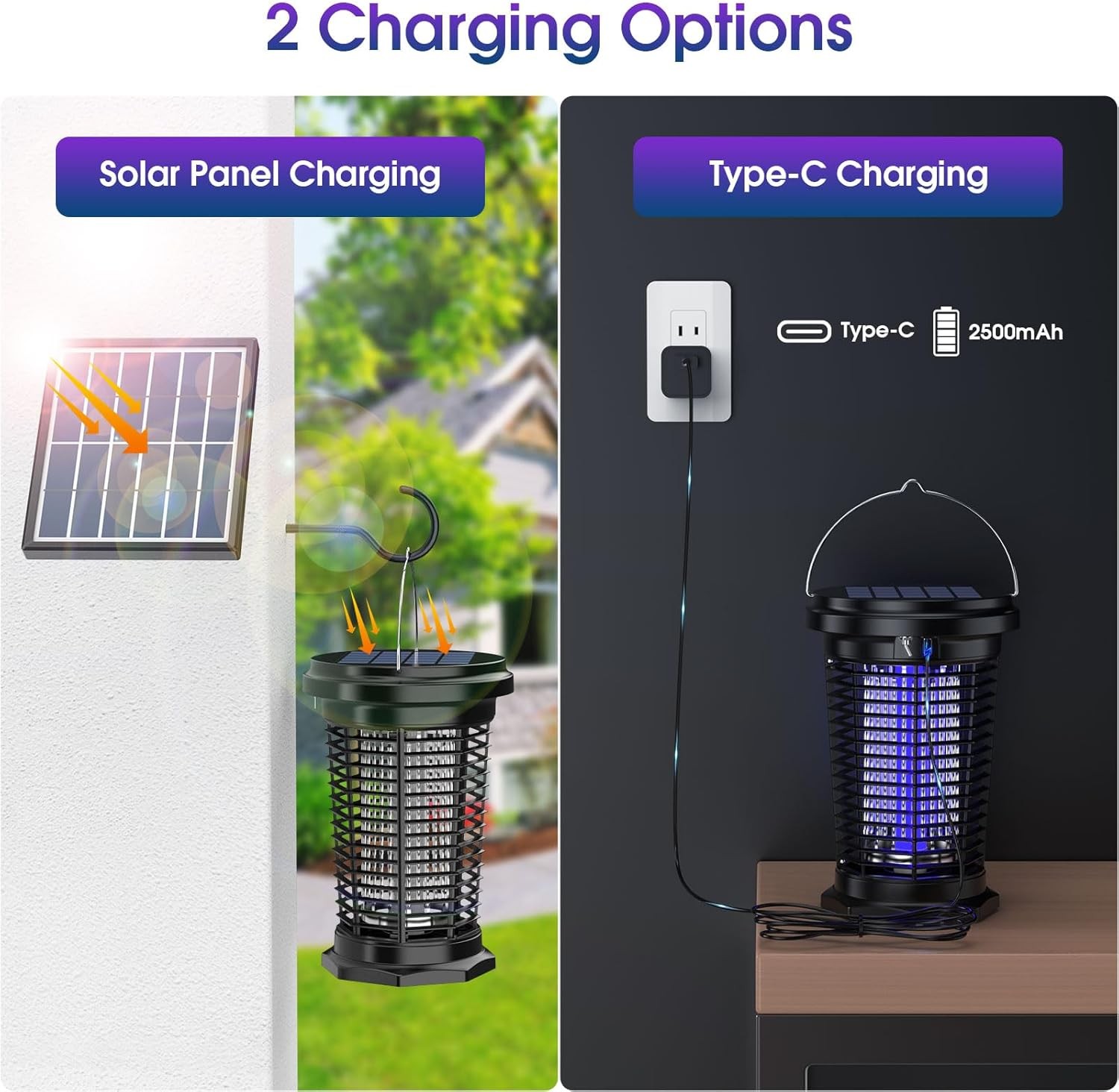 Solar Bug Zapper Outdoor Mosquito Zapper 4500V Waterproof Rechargeable Fly Zappe