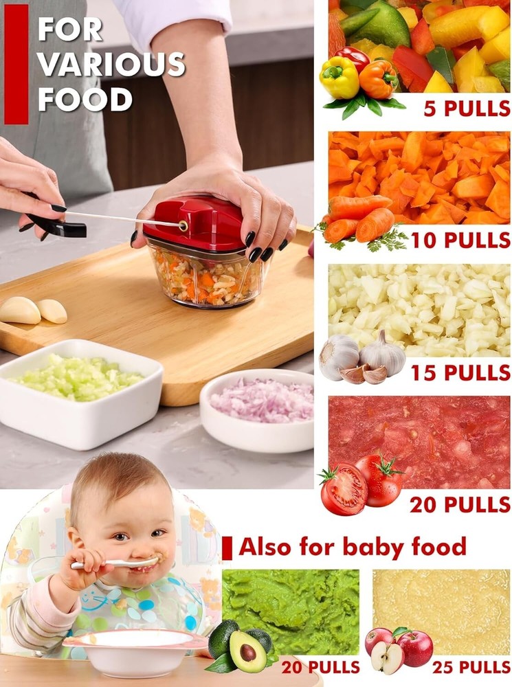 Manual Food Processor Vegetable Chopper, Pull Chopper with String, Food Chopper