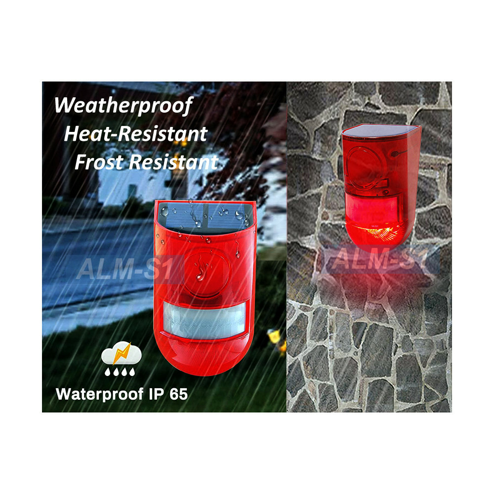 Motion Sensor Alarm Powered By Solar Panel DC USB 5V Loud Siren Sound Red Strobe