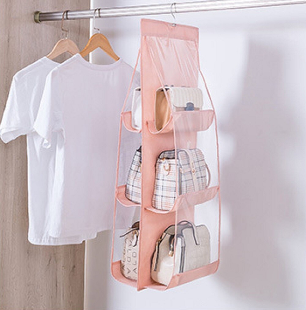 Hanging Handbag Organizer for Wardrobe - 6 Pocket Shelf Bag Storage Holder