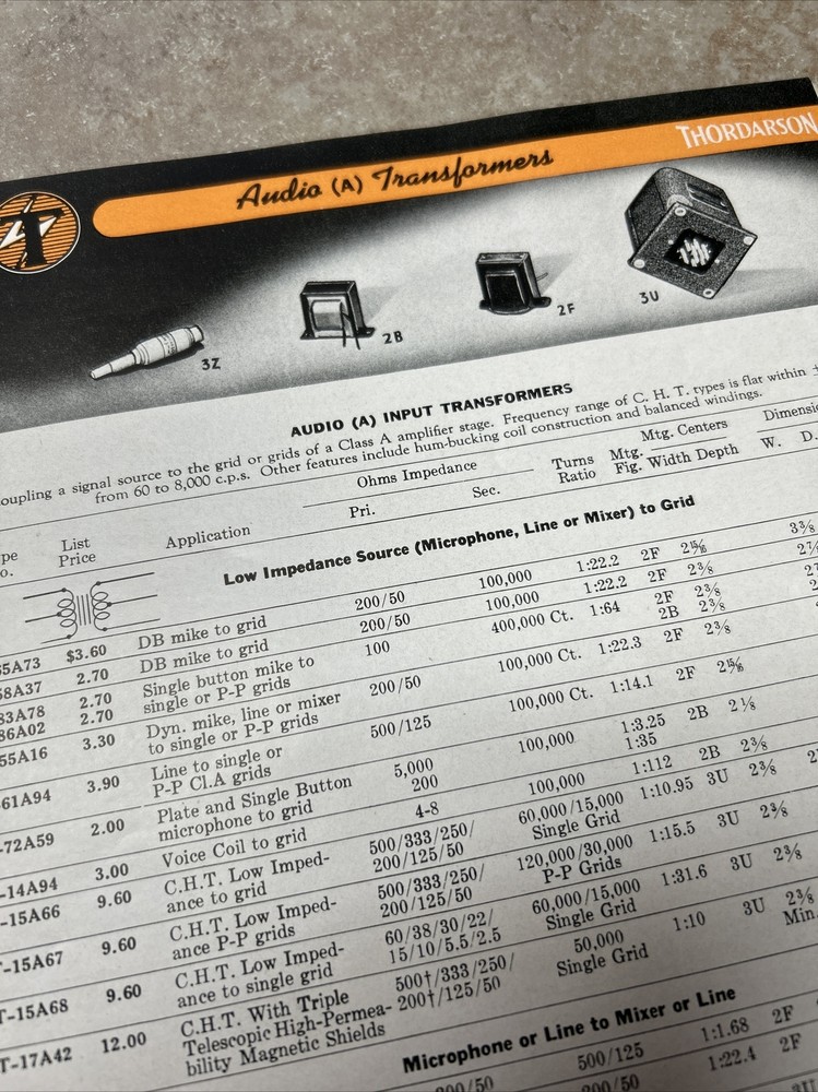 TRANSFORMERS BY THORDARSON COMPLETE CAT. NO 400-FX 1942 & COMPARISON DATA JB61