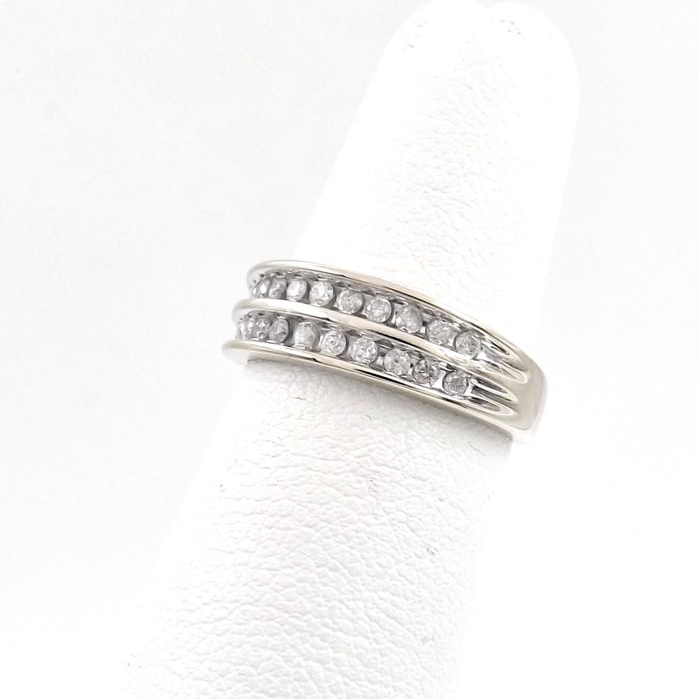 Solid 14k White Gold Double Row Natural Diamond Wedding Ring Channel Setting