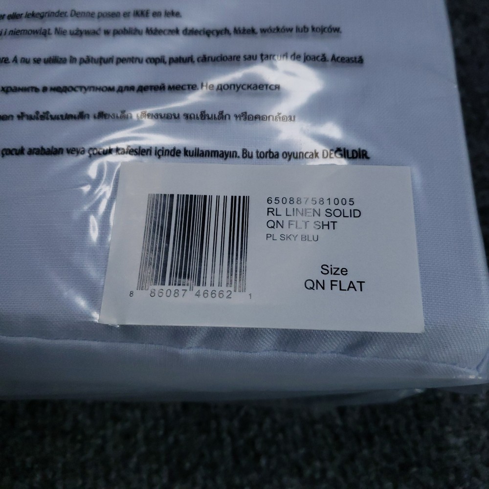 Ralph Lauren Linen Queen Flat Sheet Solid Sky Blue Polo NEW