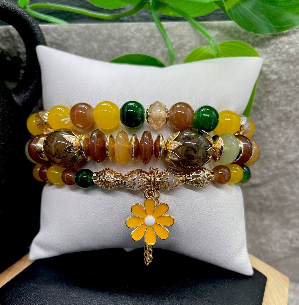 3 PC Handmade Boho  Beaded Stackable 6.5” Plus Stretch Bracelet Set New B1336