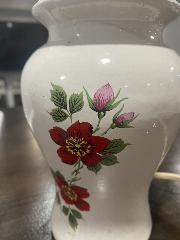 Functioning Vintage White Floral Ceramic Table Lamp NO SHADE