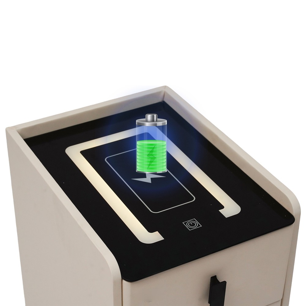 3 Drawers Smart Bedside Table Nightstand With LED Light+Wireless Charging+USB