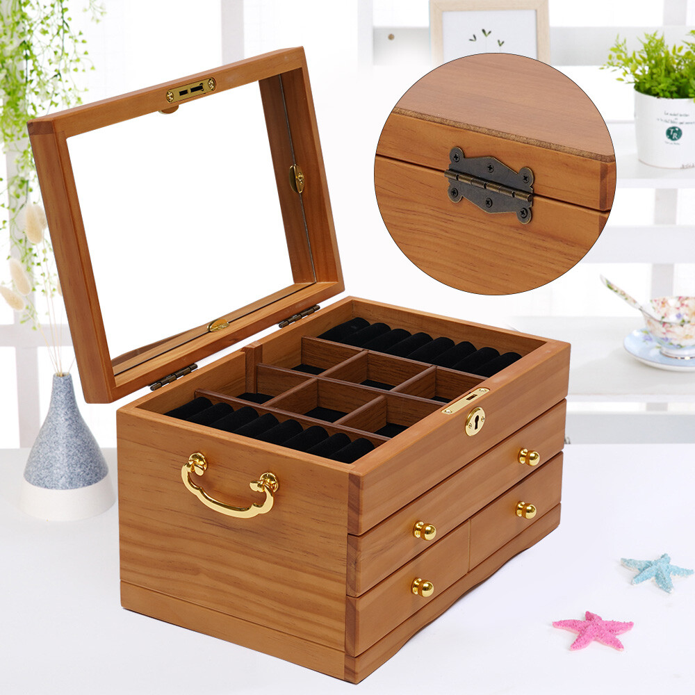 3 Layers Jewelry Storage Box+Mirror+Lock Multi-function Jewelry Box Gift Present