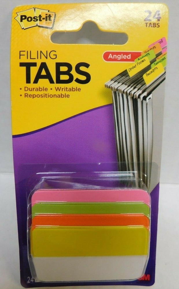 Post-it Repositionable Angled Filing Tabs -Durable, Writable - 24 Tabs