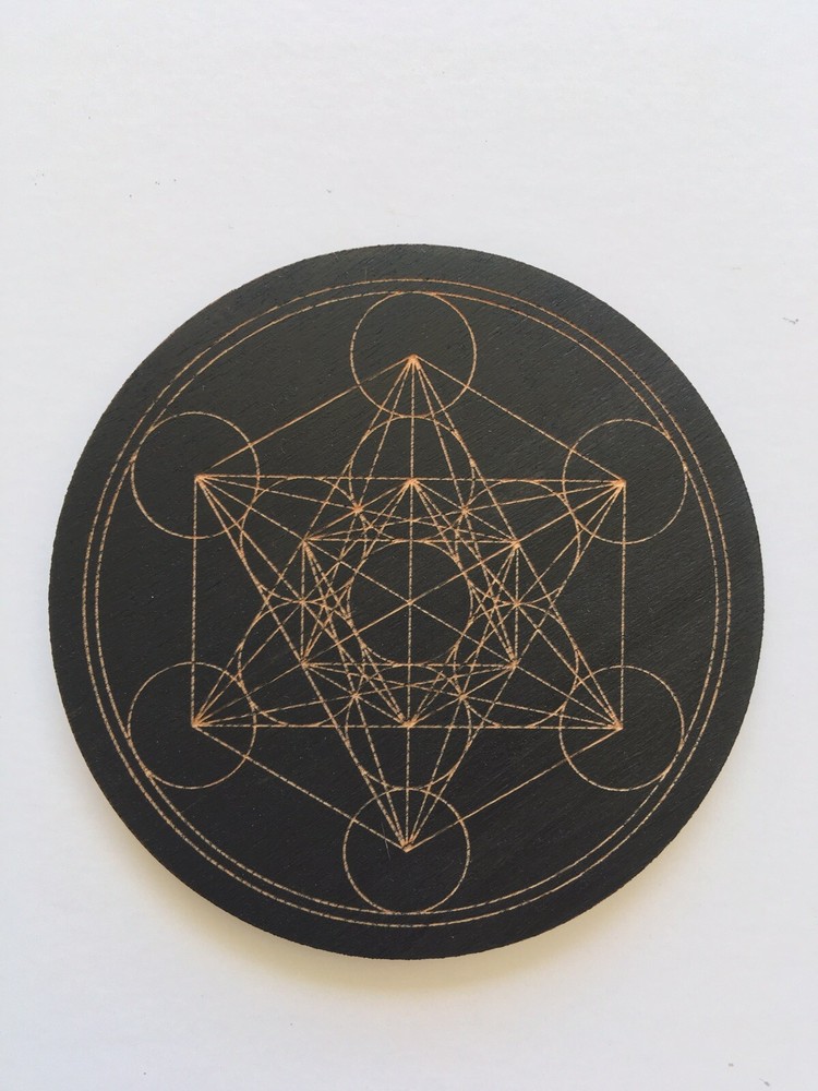 6” Metratrone’s Cube Crystal Grid Stained Black Laser Engraved