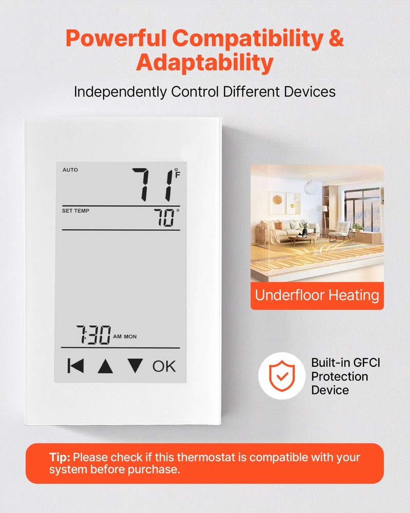 VEVOR 7 Day Programmable Thermostat for Underfloor Heating Pump LCD Touchscreen