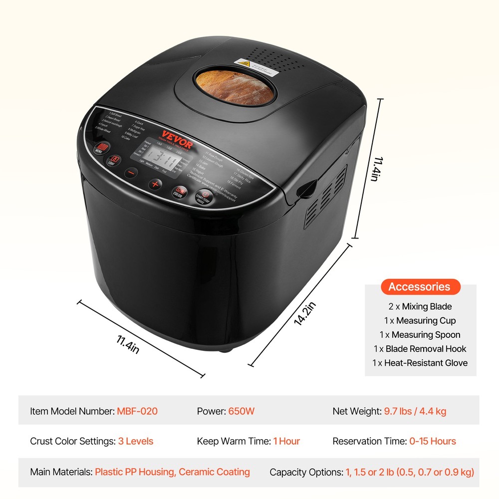 VEVOR 2LB 19-in-1 Bread Maker Automatic Compact Dough Machine Nonstick 3 Colors