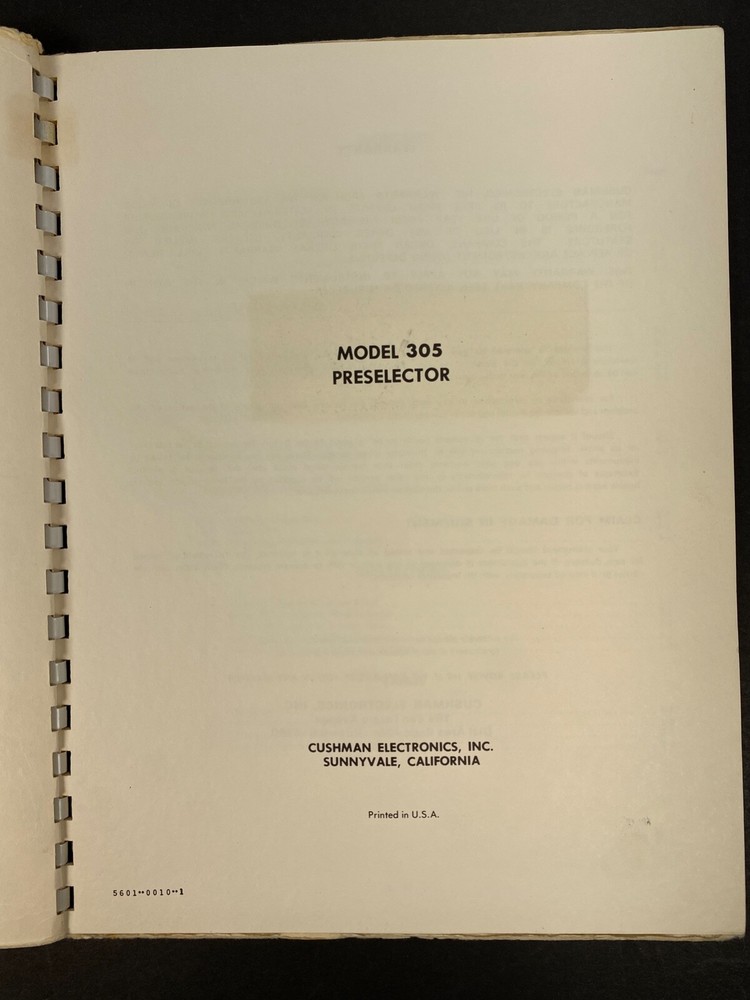 CUSHMAN 305 PRESELECTOR for CE-3 & CE-7 Communications Monitors MANUAL