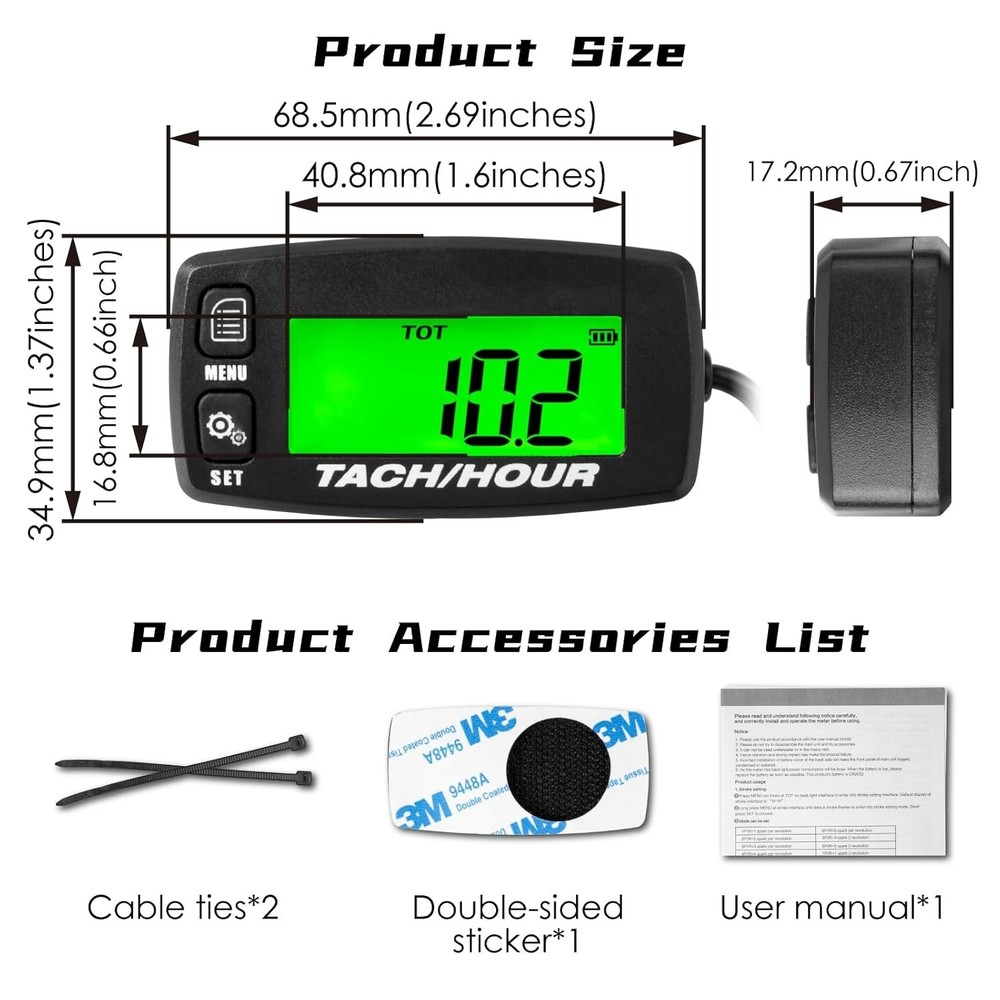 Self Powered Digital Tachometer Hour Meter,Inductive Maintenance Waterproof B...