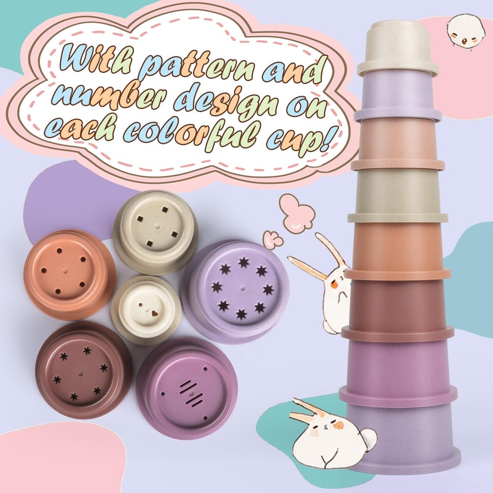 8PCS Stacking Cups for Rabbits, Stackable Bunny Toys, Natural Sugarcane Plast...