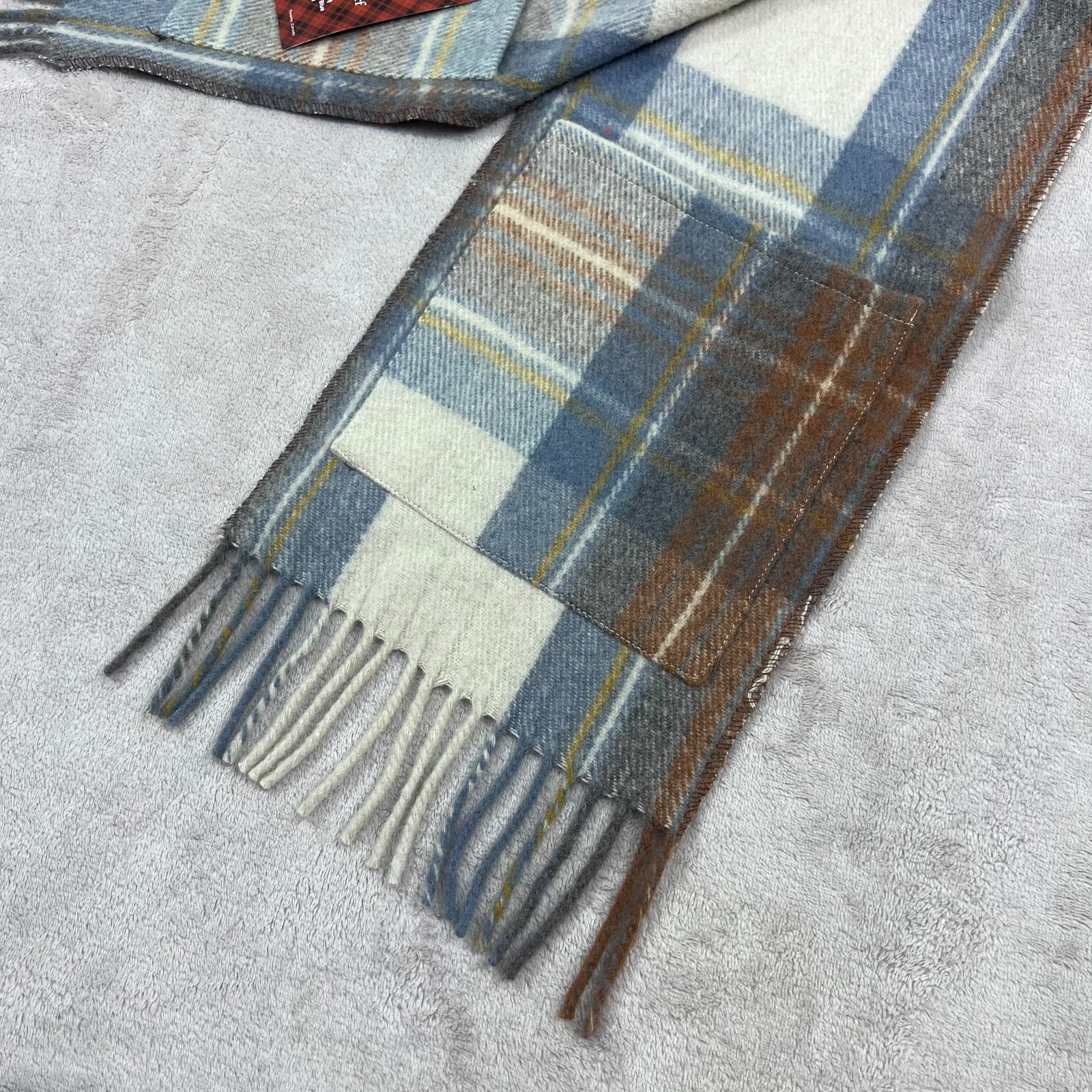 Patrick King Pocket Scarf One Size Stewart Muted Blue Tartan Merino Wool NEW