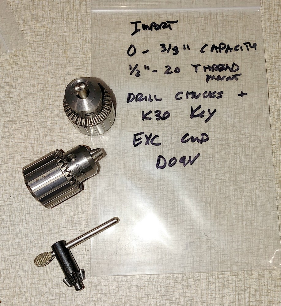 Import 0-3/8" Drill Chucks & Jacobs K30 Key 1/2"-20 Thread Mount D09V