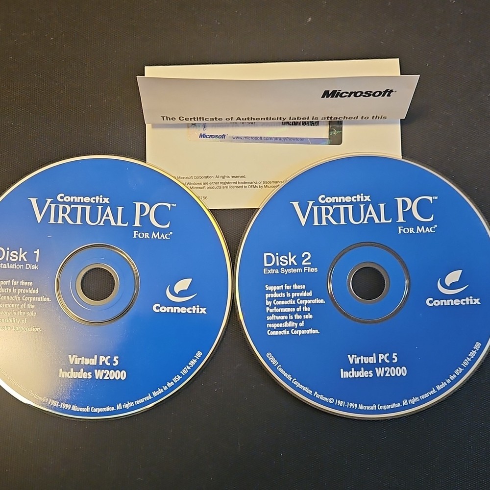 Connectix Virtual PC 5 For Mac Operating System CDs Includes Windows 2000