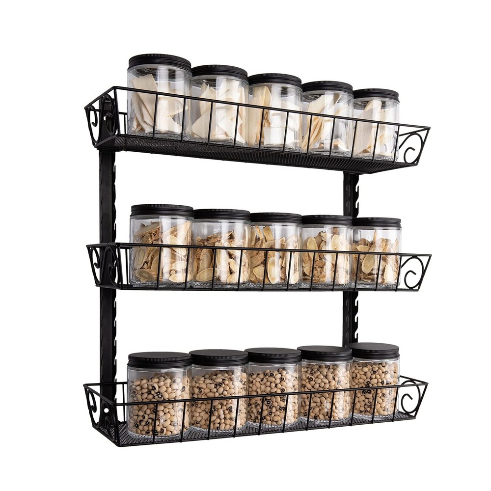 3 Tier Wall Mount Spice Rack Organizer Adjustable Dual-Use Kitchen Black