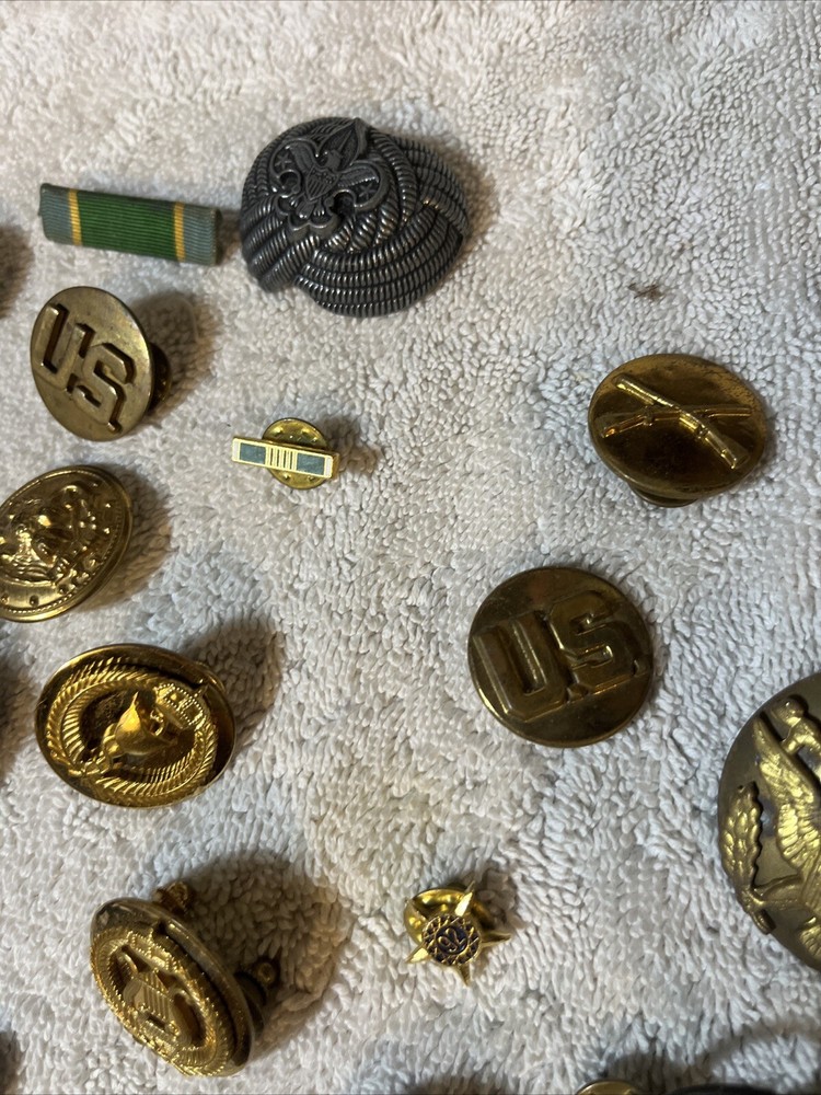 50 Military Army Hat Pins Lapel Medals US Eagle Cross Rifles Used Originals