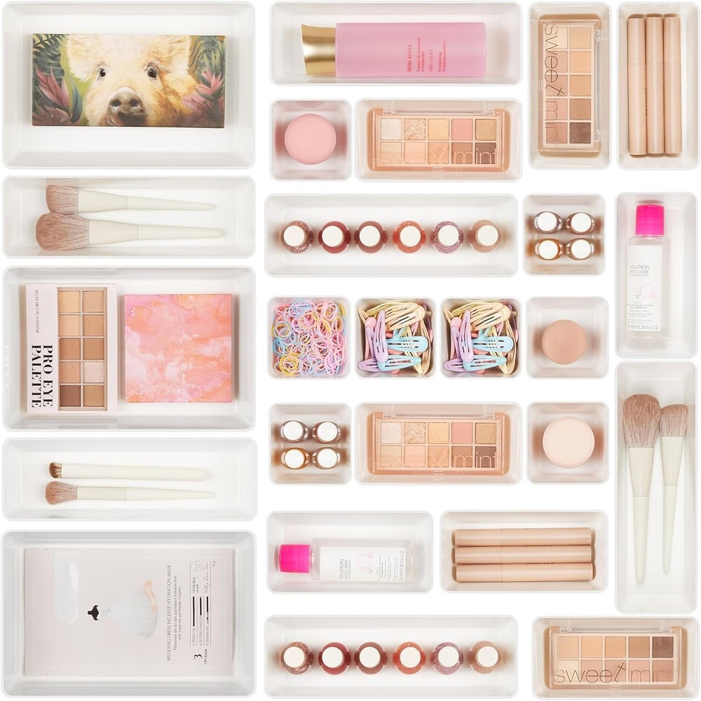 25-Piece Plastic Drawer Organizers - Clear Stackable Bins for Versatile Storage