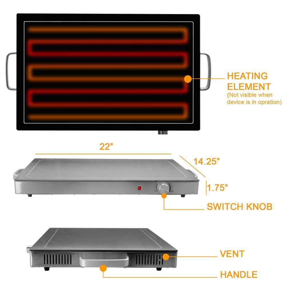 MegaChef Electric Warming Tray Black Adjustable Temperature Double-Sided Handles