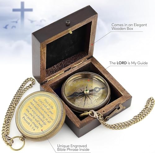 Brass Compass Gift with Display Box - Engraved Scripture Prayer Aged Brass