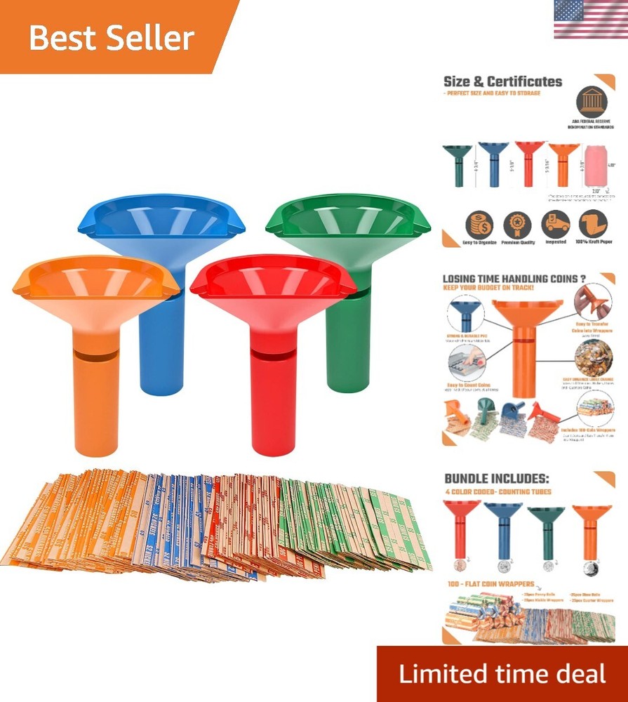 Complete Coin Counting Set: 4 Color Tubes & 100 Wrappers for Smooth Sorting