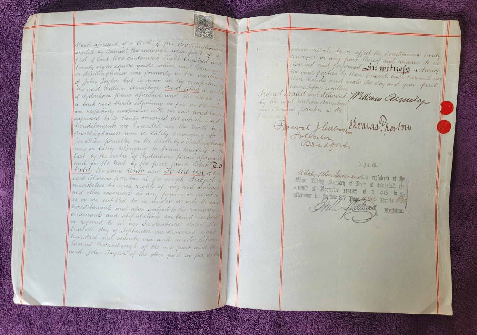 1895 Vellum Indenture. W. Armitage to T. Preston Re: 75 Sydenham Place, Bradford
