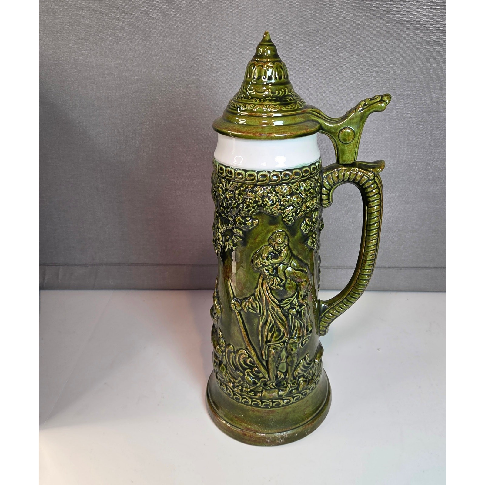 Large 17″ German Style Beer Stein Signed Sam Ceramic Relief with Lid