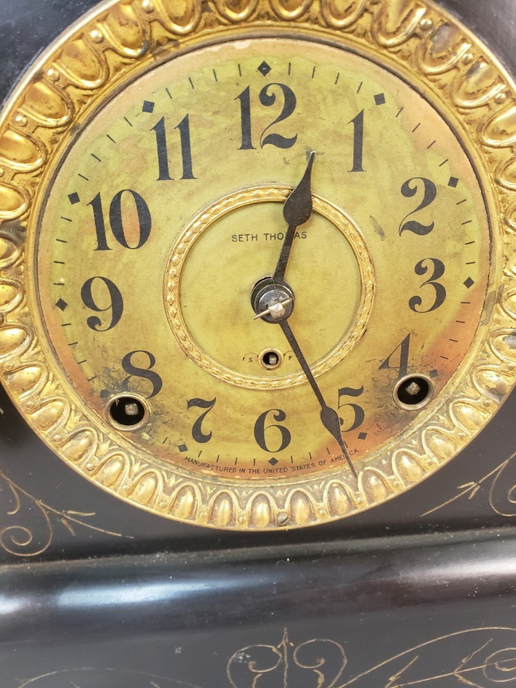 Antique Seth Thomas Red & Black Two Column Adamantine Mantel Clock & Pendulum PR
