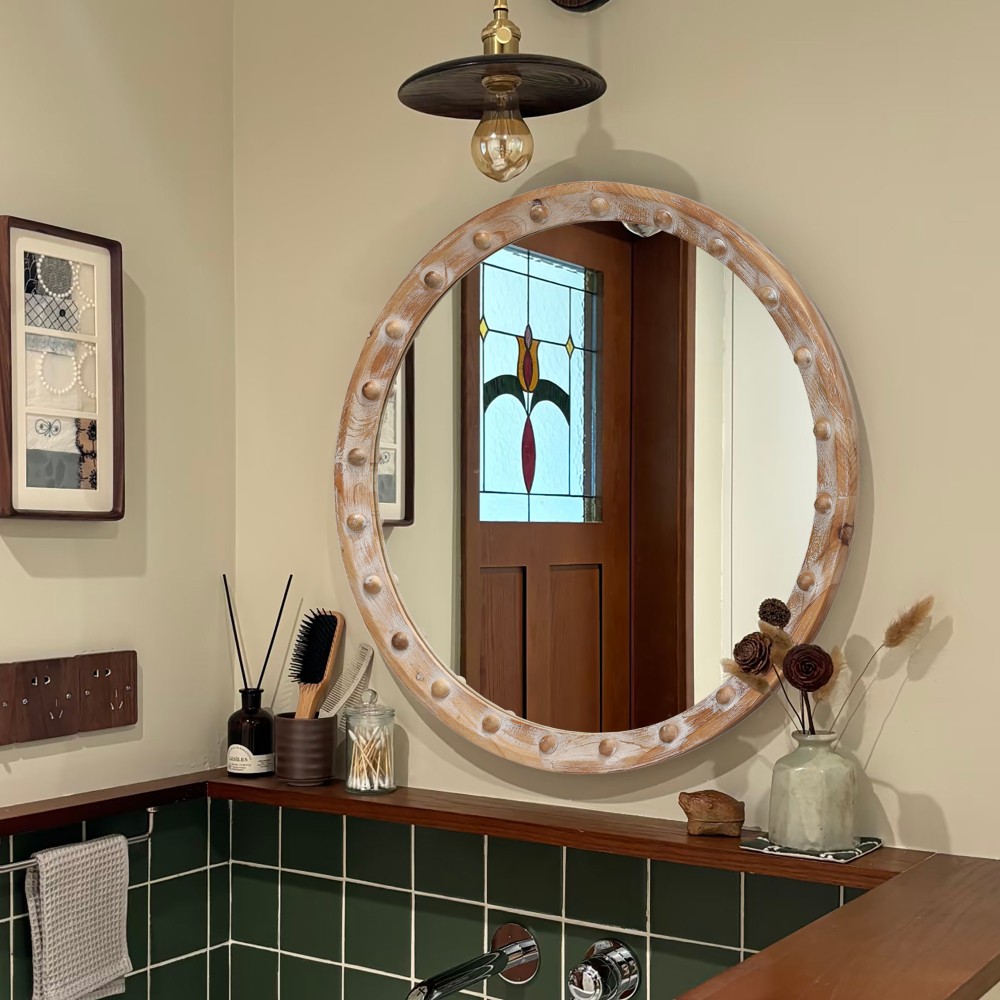Rustic Round Wall Mirror 24" Distressed Wood Frame w/ Rivets Decor