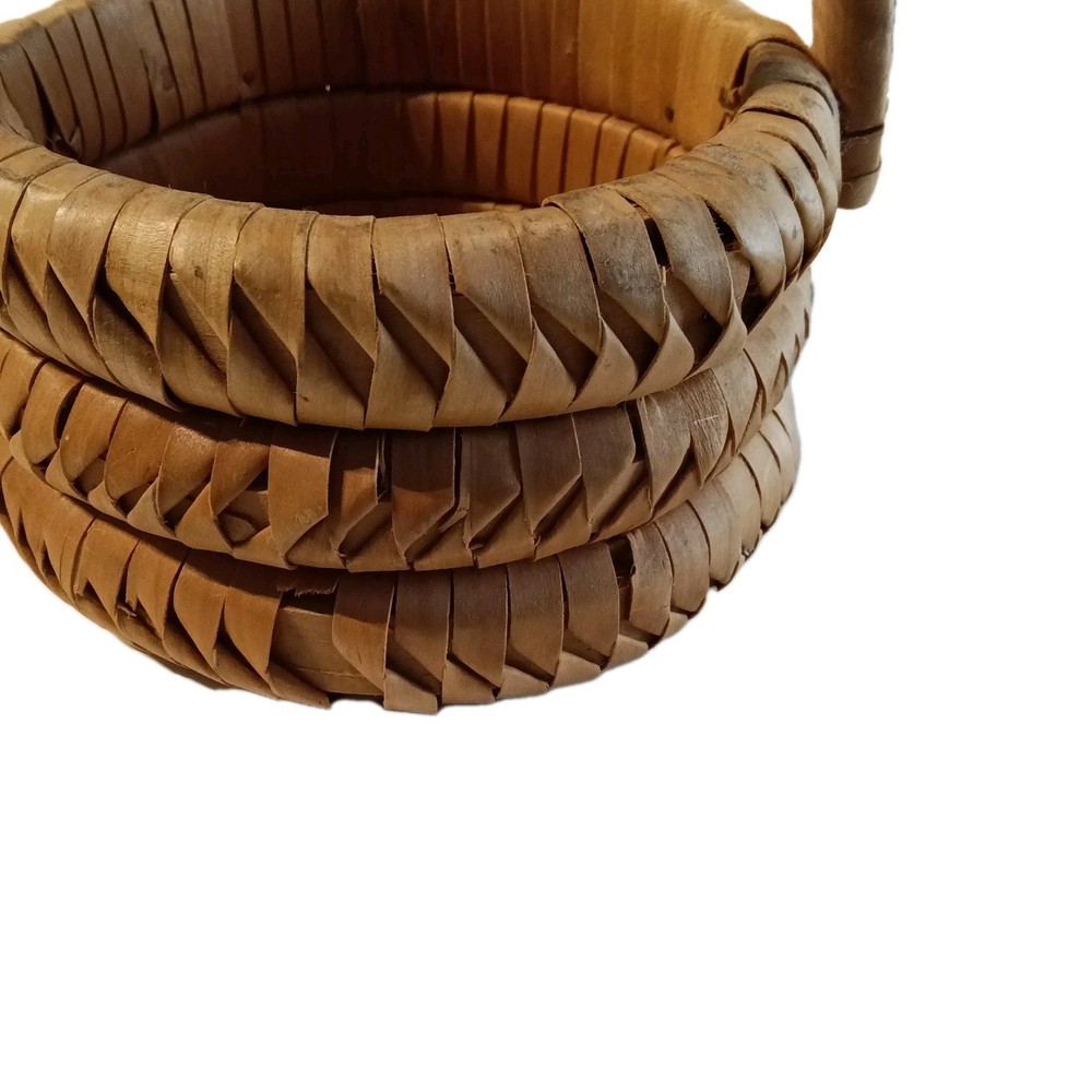 Small Vintage Bamboo Basket Triple Coils w/Handle Easter Round Boho