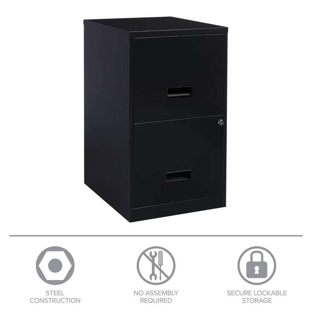 18" Deep 2 Drawer Letter Width Vertical File Cabinet, Secure Locking, Black