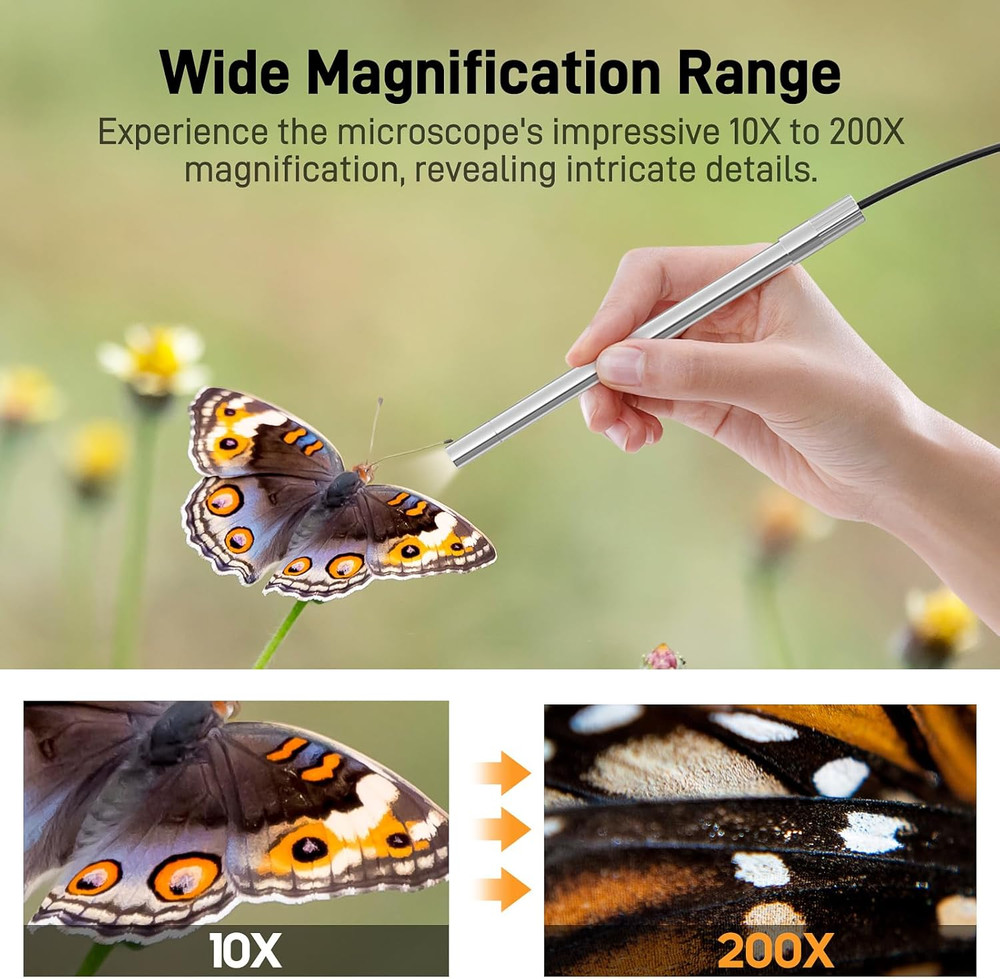 USB-C Digital Microscope, 10X-200X Magnification, Portable with LED Lights