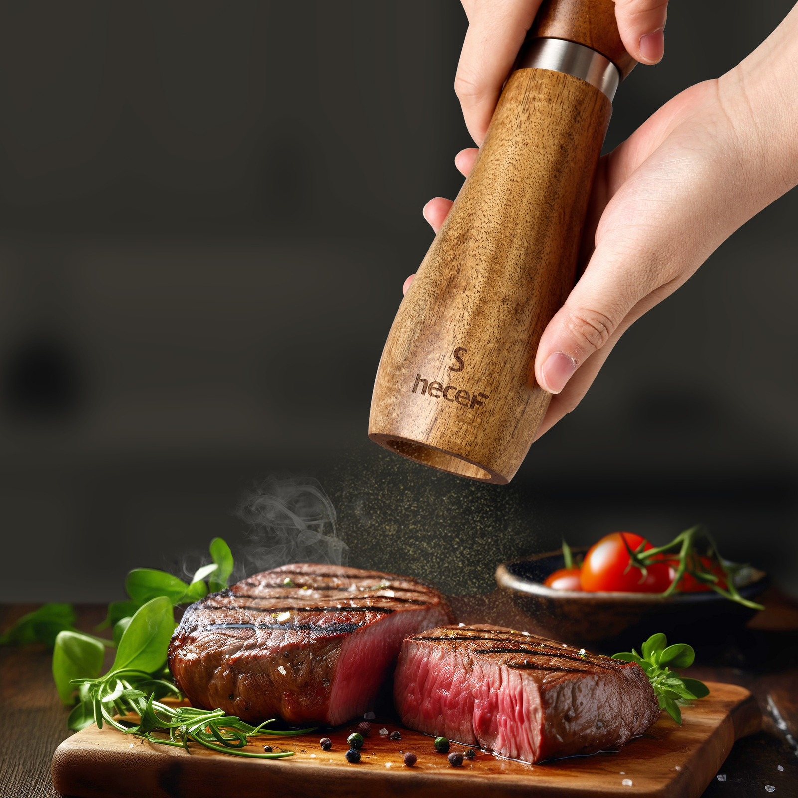 2Pcs Salt and Pepper Grinder Set Acacia Wood 21cm Adjustable Ceramic Spice Mill