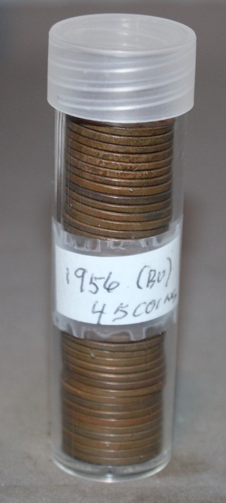 1956P Wheat Penny Roll circulated with readable dates (46 coins) Some BU